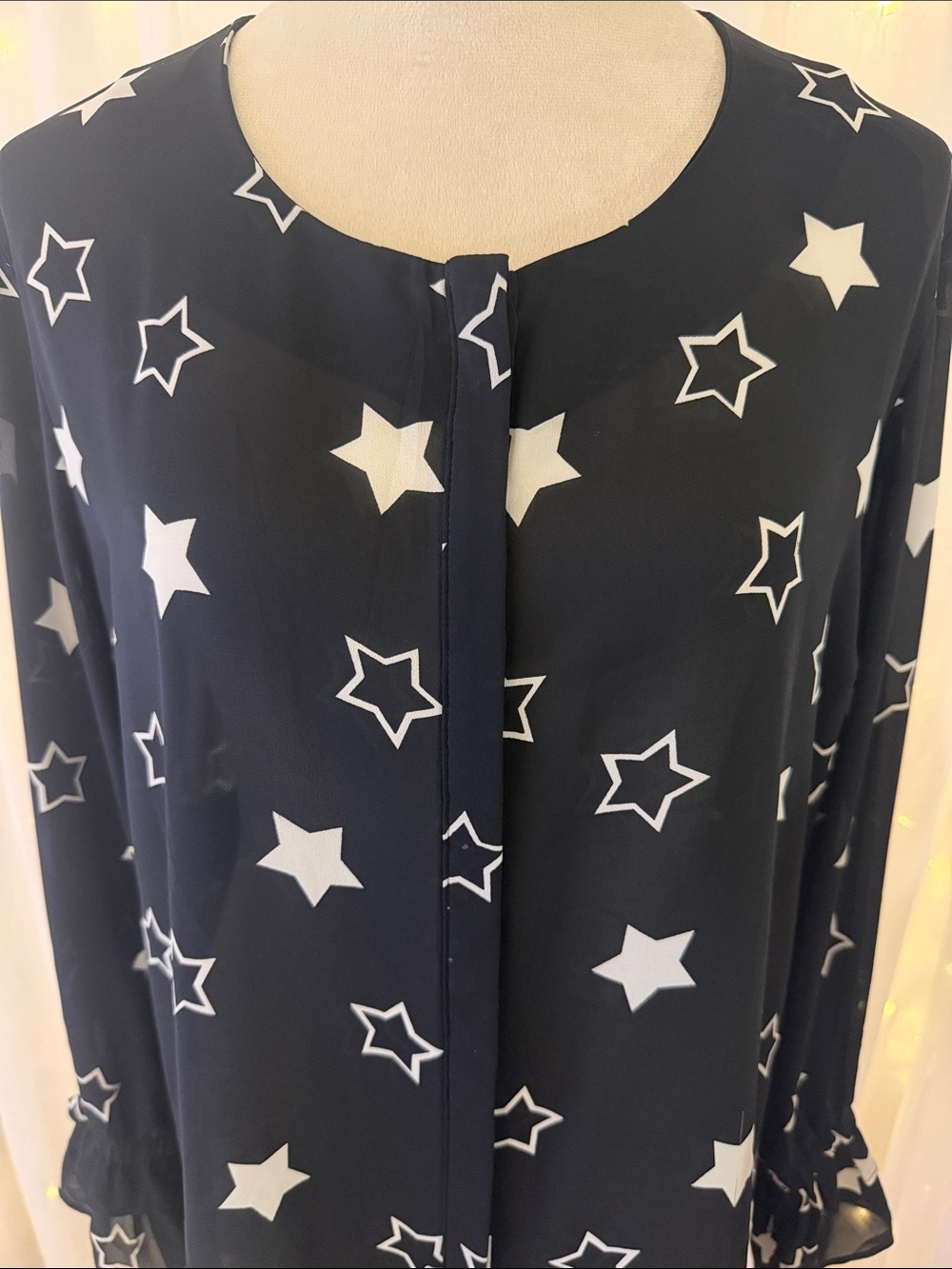 Nais Navy Star-Print Long-Sleeve Blouse with Ruffle Cuffs - Picture 3 of 8
